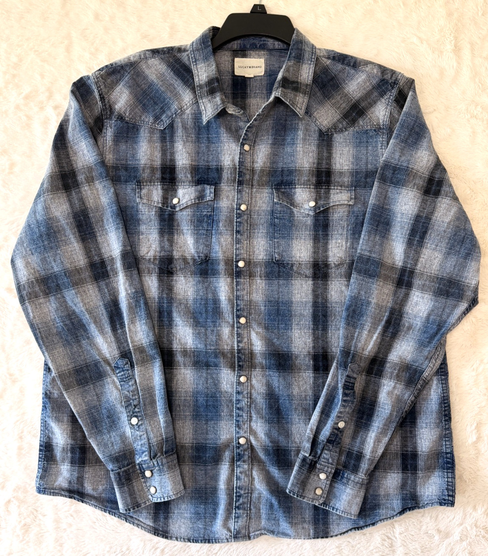 Lucky Brand Flannel Western Pearl Snaps Shirt Blue Gray Plaid Mens Size XL